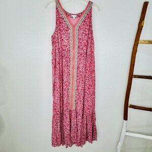 J.Jill Women's Flounced Hem Sleeveless Summer Floral MAXI Dress Pink Lined SZ M